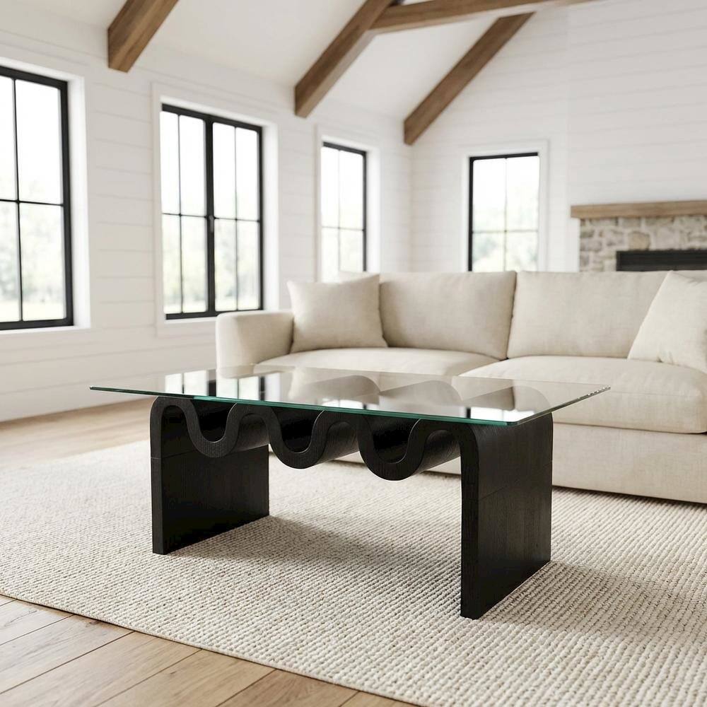 Angle. FurniFact - Rectangular Glass Top Coffee Table with Modern Design for Living Room - Black.