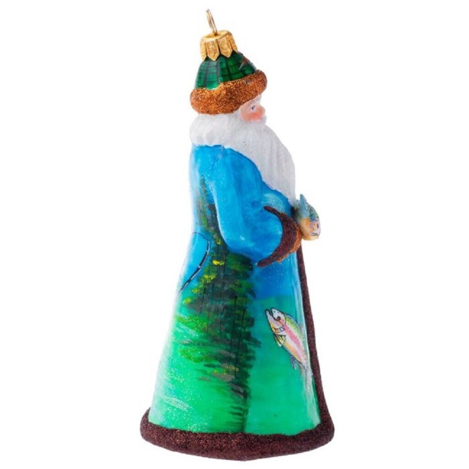 Back. Joy to the World Collectibles - Joy To The World Glitterazzi Fly Fishing Santa Polish Glass Christmas Ornament - Multicolor.