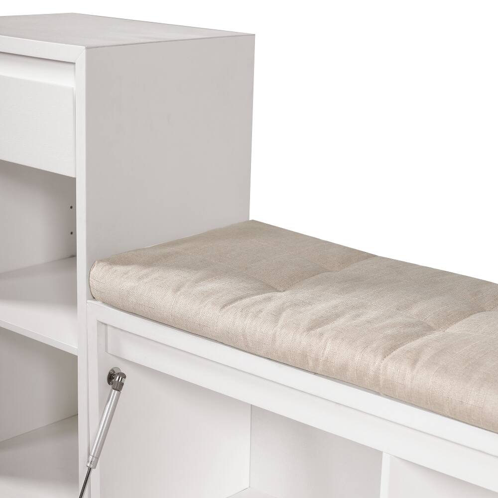 Alt View 2. Ropilly - Ropilly White Entryway Storage Bench with Cushion Drawers and Open Shoe Shelves - White.