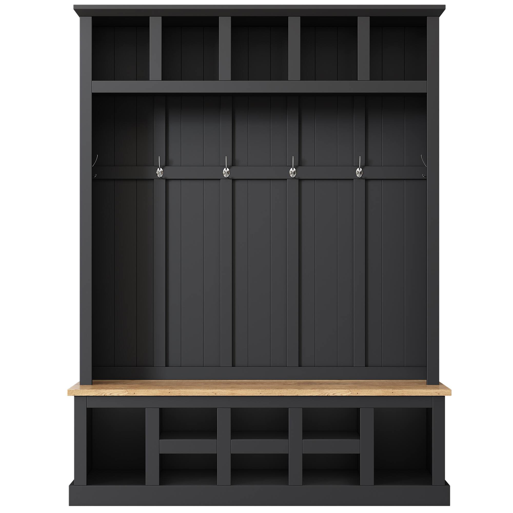 Back. Whisen - Hall Tree with Storage Bench and Shoe Cabinet,Entryway Organizer with 6 Hooks - Black.