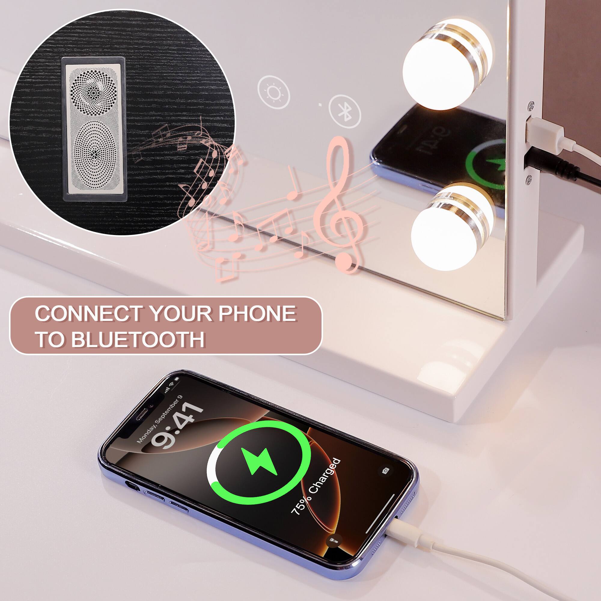 9:41  
Monday, September 9  
75% Charged  

CONNECT YOUR PHONE TO BLUETOOTH