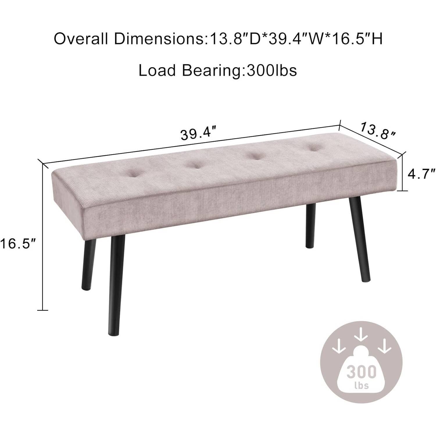 Overall Dimensions: 13.8" D * 39.4" W * 16.5" H  
Load Bearing: 300 lbs