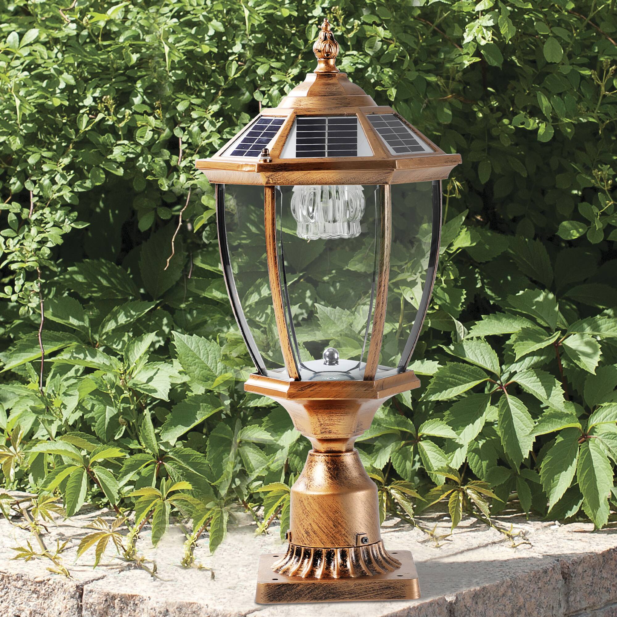Alt View 1. APRILSOUL - 20 inch (H) Golden Solar Powered LED Outdoor Lantern Vintage Garden Light with Elegant Glass Design 1-Pack - Bronze.