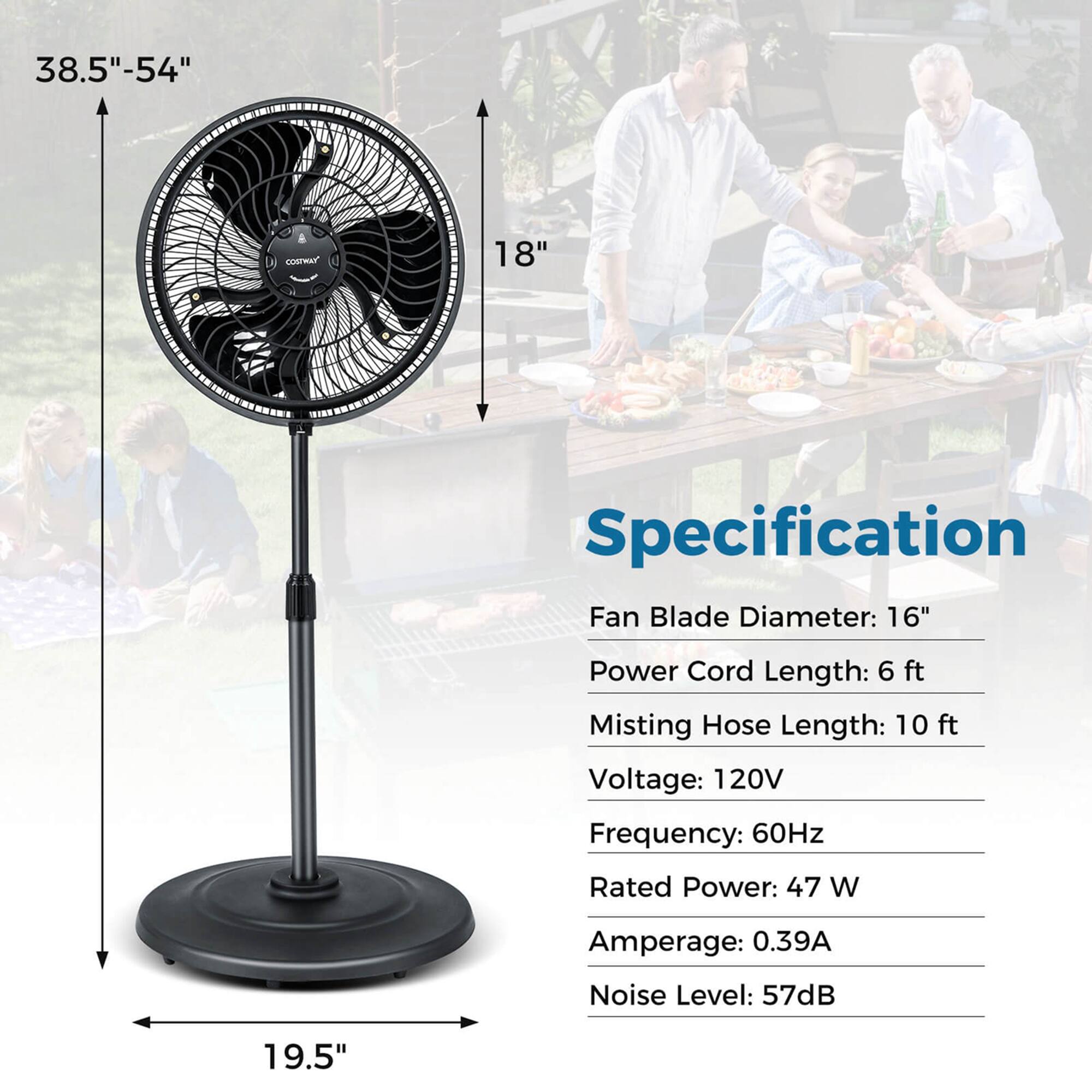 The image features a fan with a 16-inch fan blade diameter, a 6-foot power cord, and a 10-foot misting hose. It is designed to provide cooling and comfort during outdoor gatherings or events. The fan has a 19.5-inch diameter and is rated at 47 watts, with a frequency of 60 Hz. The amperage is 0.39A, and the noise level is 57 dB. The fan is suitable for use in various settings, such as backyards, patios, and picnic areas, where people can enjoy the outdoors while staying cool and comfortable.