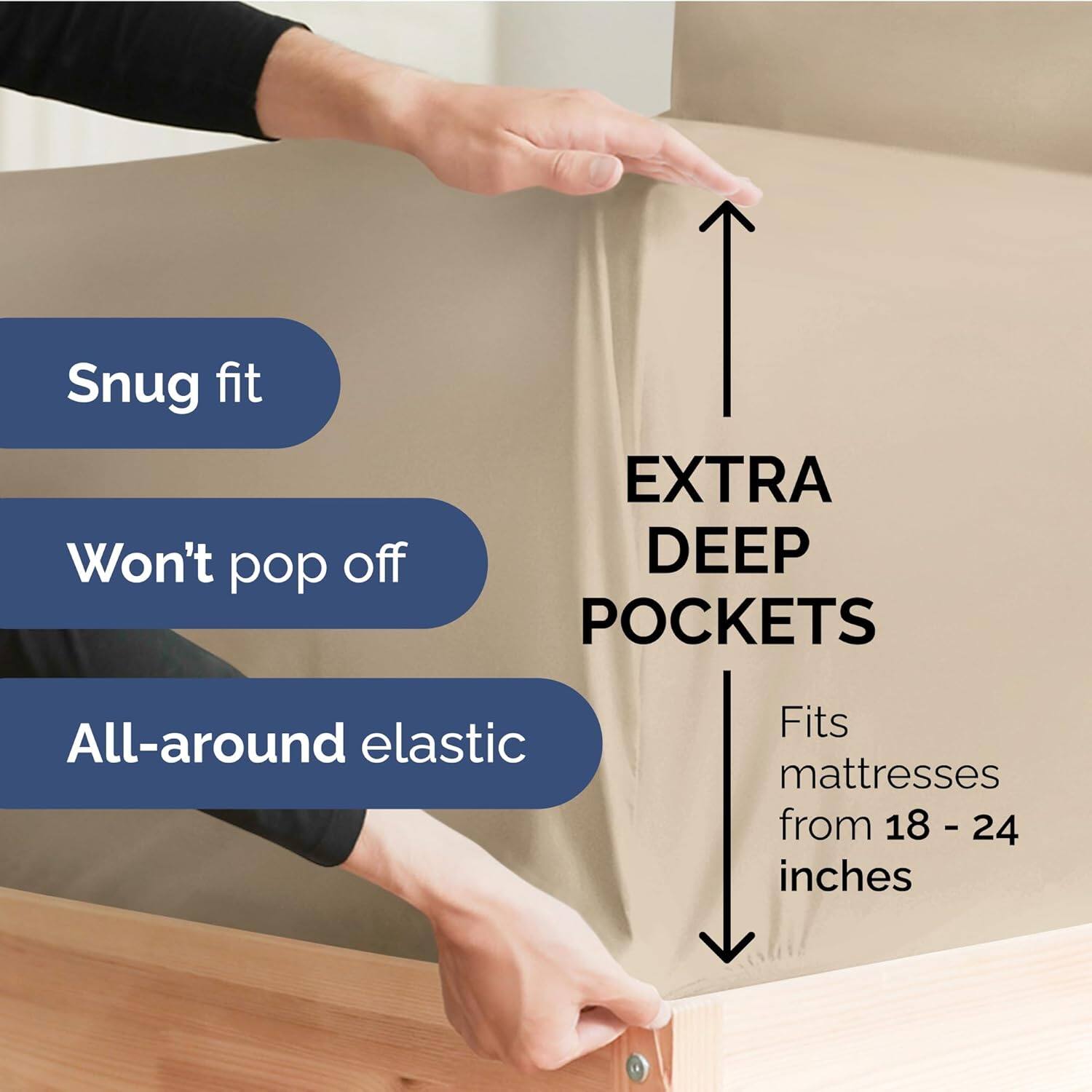Snug fit  
Won't pop off  
EXTRA DEEP POCKETS  
All-around elastic  
Fits mattresses from 18 - 24 inches