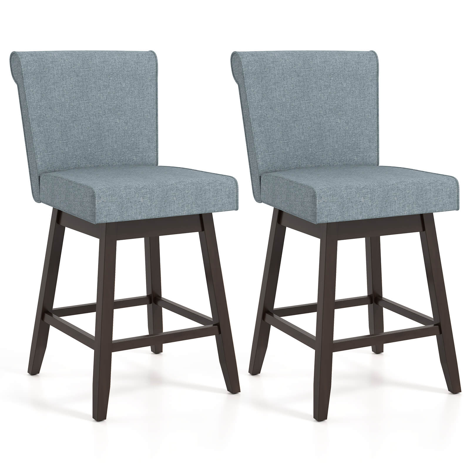 Costway - 27" Swivel Bar Stools Set of 2 with Rubber Wood Legs Upholstered Linen Bar Chairs - Gray