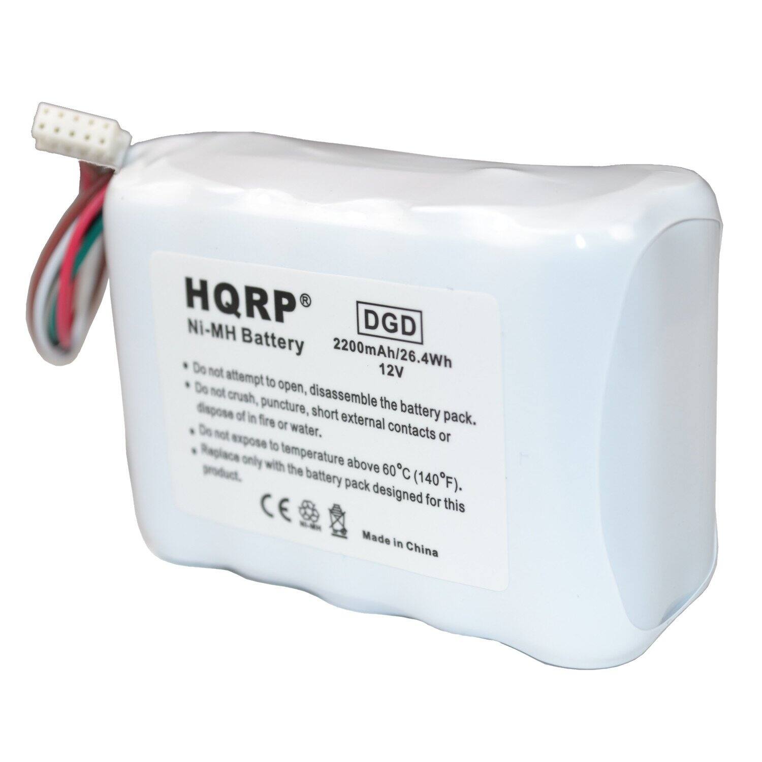 HQRP Ni-MH Battery  
2200mAh/26.4Wh  
12V  

DGD  

Do not attempt to open, disassemble the battery pack.  
Do not crush, puncture, dispose of in fire or water.  
Do not expose to temperature above 60°C (140°F).  
Replace only with the battery pack designed for this product.  

Made in China