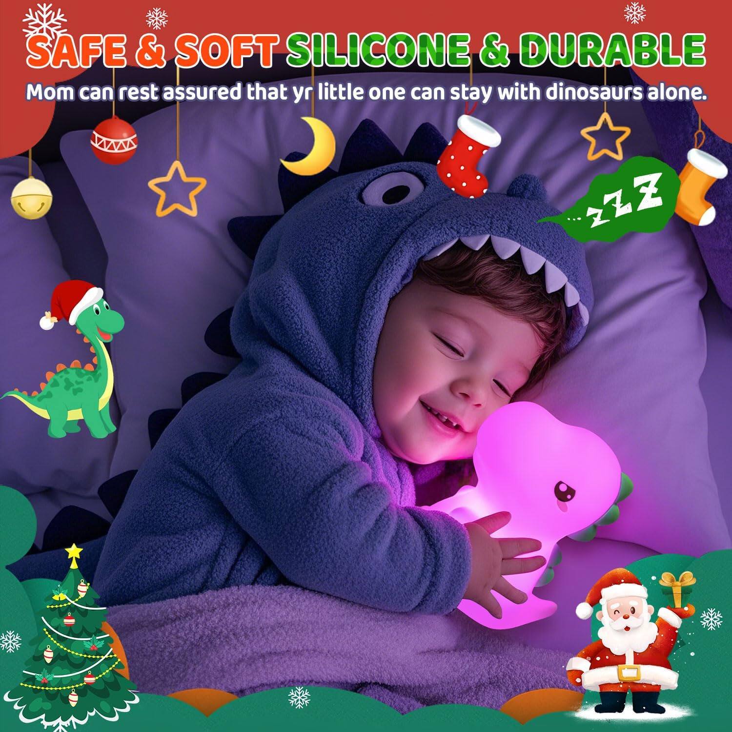 SAFE & SOFT SILICONE & DURABLE  
Mom can rest assured that yr little one can stay with dinosaurs alone.