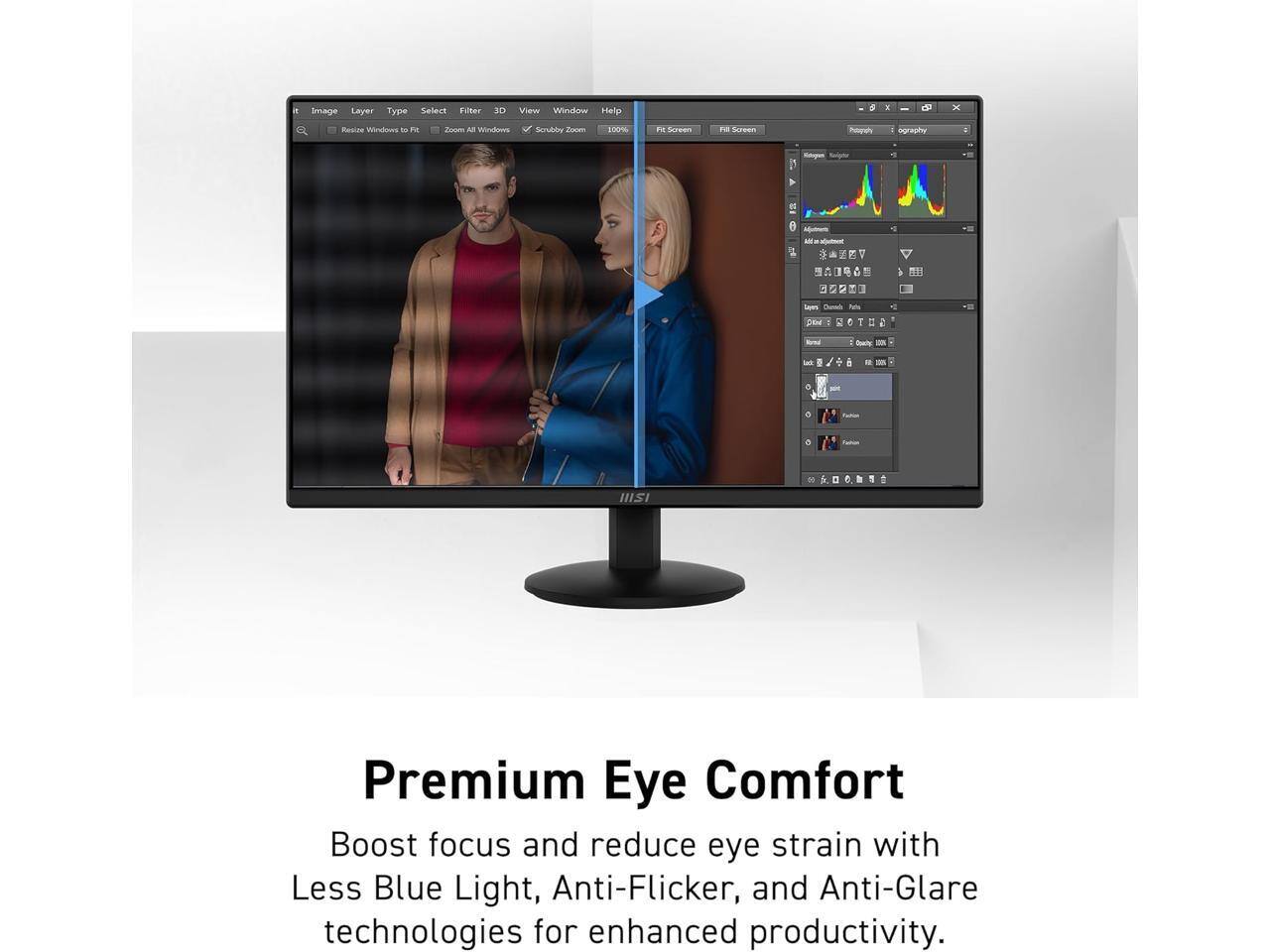 Premium Eye Comfort

Boost focus and reduce eye strain with Less Blue Light, Anti-Flicker, and Anti-Glare technologies for enhanced productivity.