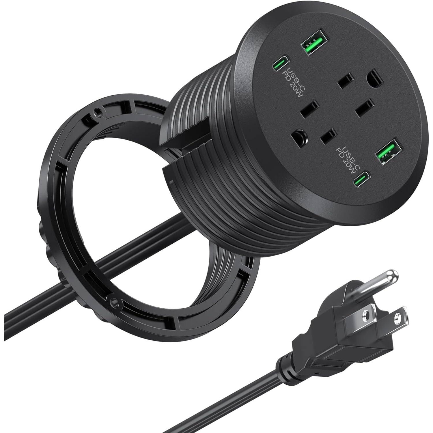 PARKER SLATER - Desktop Power Grommet with 2 Outlets, 4 USB (2 PD 20W USB-C), 40W Fast Charging, 3" Hole Mount, 6FT Cord - Black