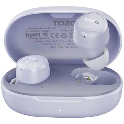 TOZO Wireless headphones
Model name: TOZO E1
Battery: 40
RoHS FC CE
Charging Case
Battery: 300mAh/3.7V/1.11Wh
Input: 5V=0.5A
SN: 11173AEA4CA0000
TOZO L R