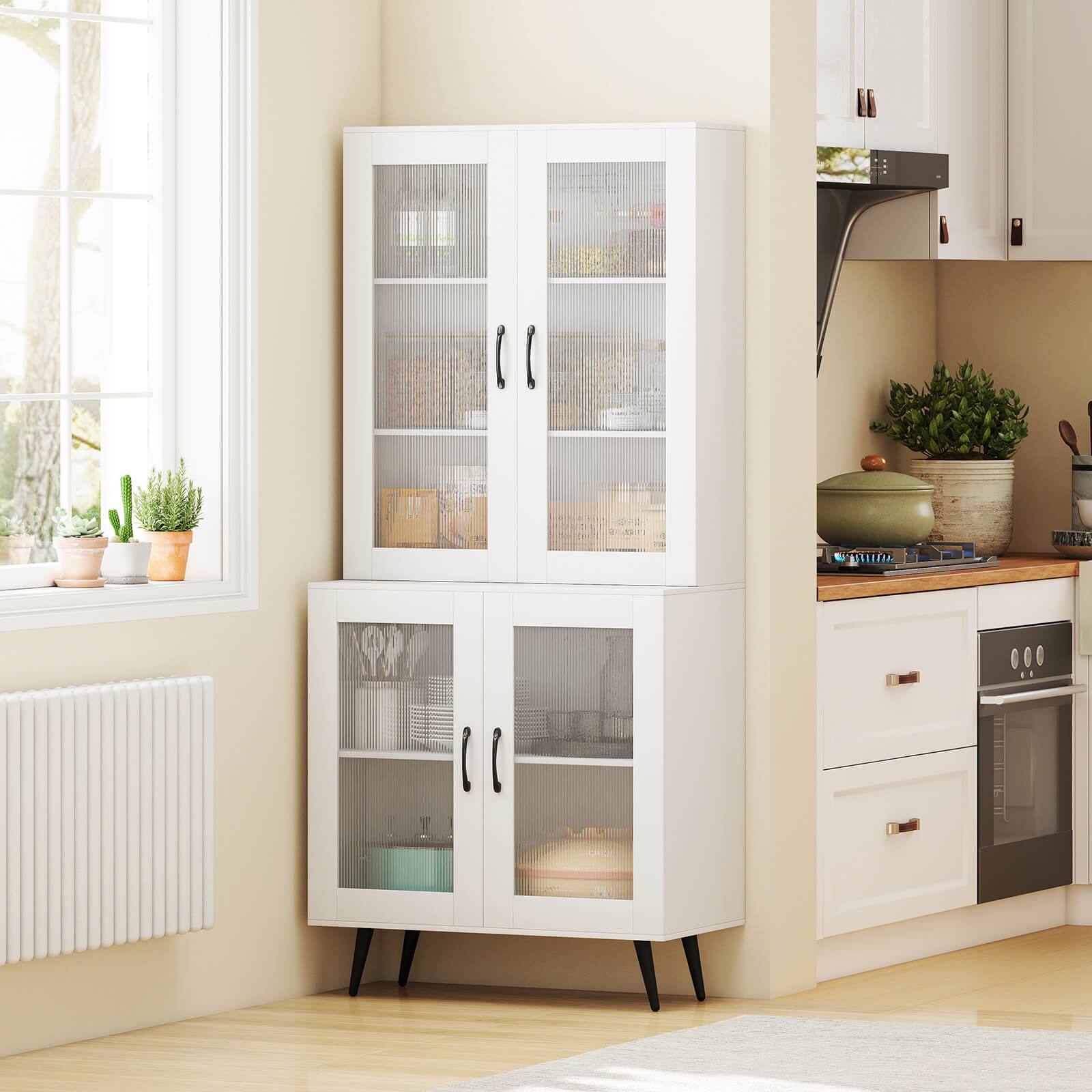 Alt View 4. Costway - Costway Kitchen Pantry Cabinet with Translucent Fluted Doors & Adjustable Shelf - White.