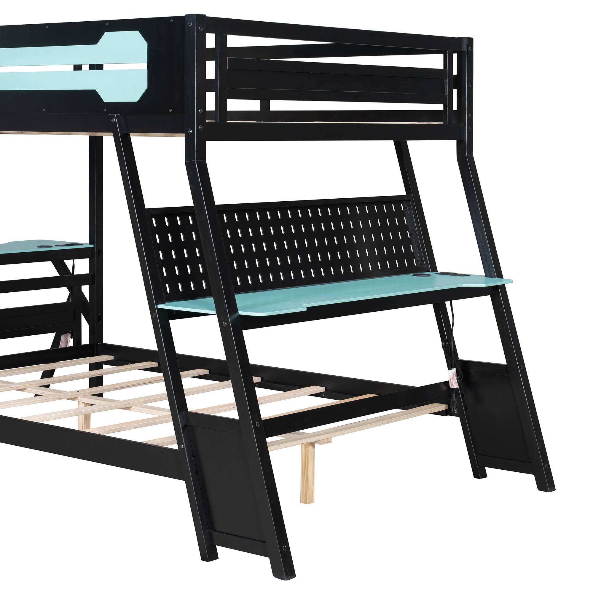 Alt View 4. Anysun - Full Size Bunk Bed with Two Built-In Gaming Desks, USB Desktop Ports & Pegboard Organizer, Gaming Bunk Frame for Gamer - Blue.