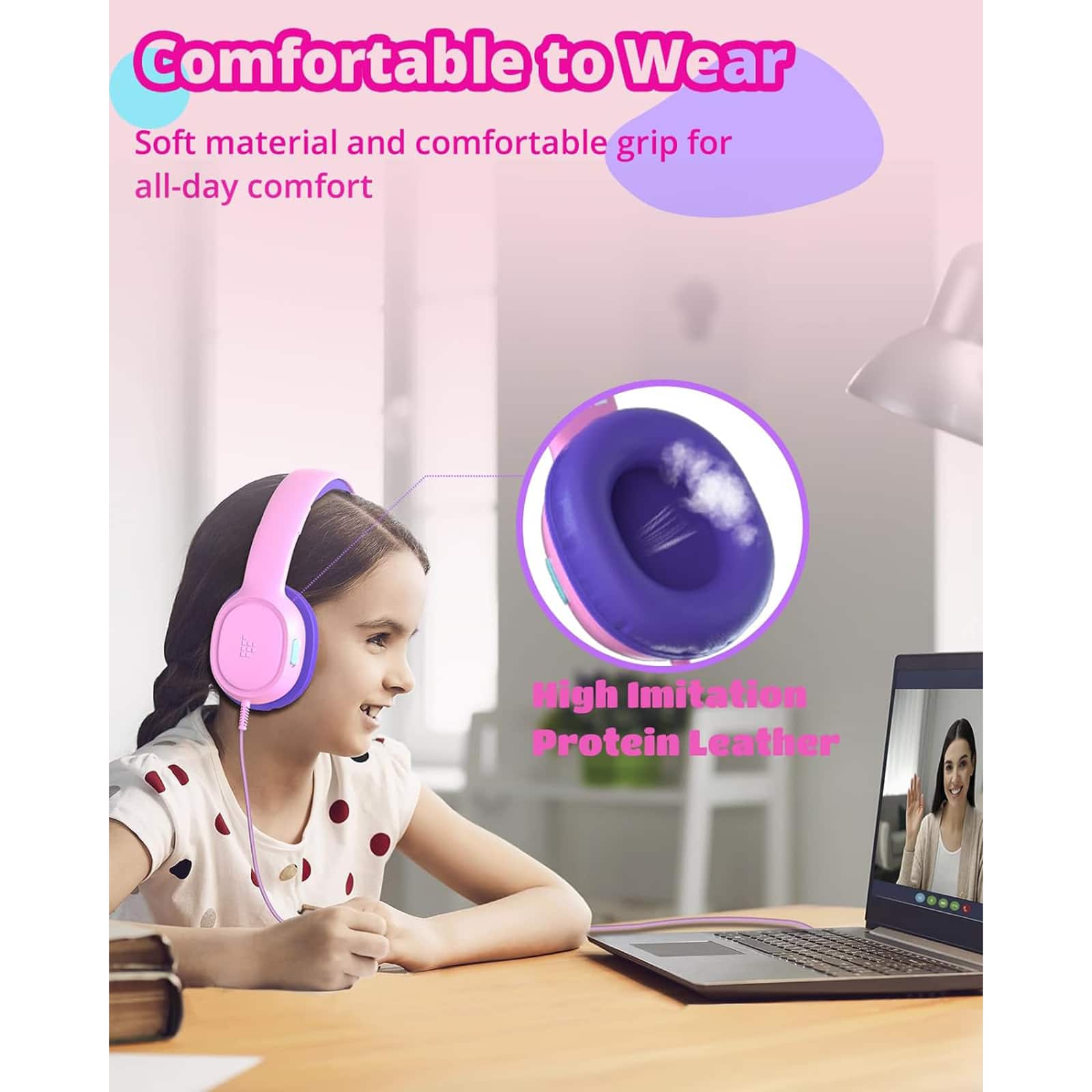 The image features a girl wearing pink headphones and sitting at a table with a laptop. The headphones are described as being comfortable to wear, with a soft material and a comfortable grip for all-day comfort. Additionally, the headphones are made of high imitation protein leather.