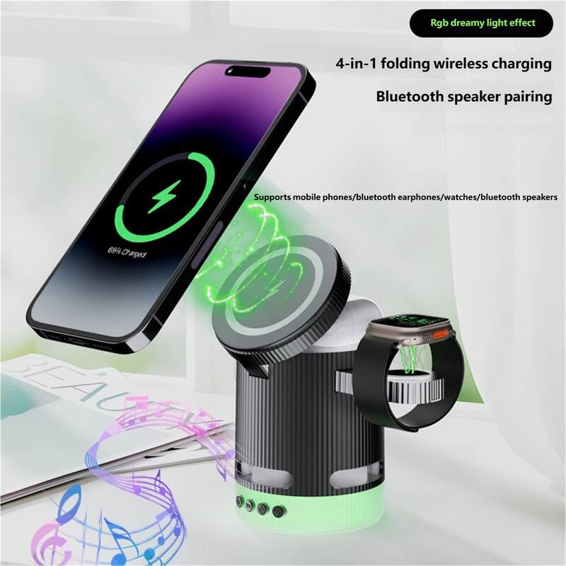 Rgb dreamy light effect

4-in-1 folding wireless charging Bluetooth speaker pairing

Supports mobile phones/bluetooth earphones/watches/bluetooth speakers

69% Charged