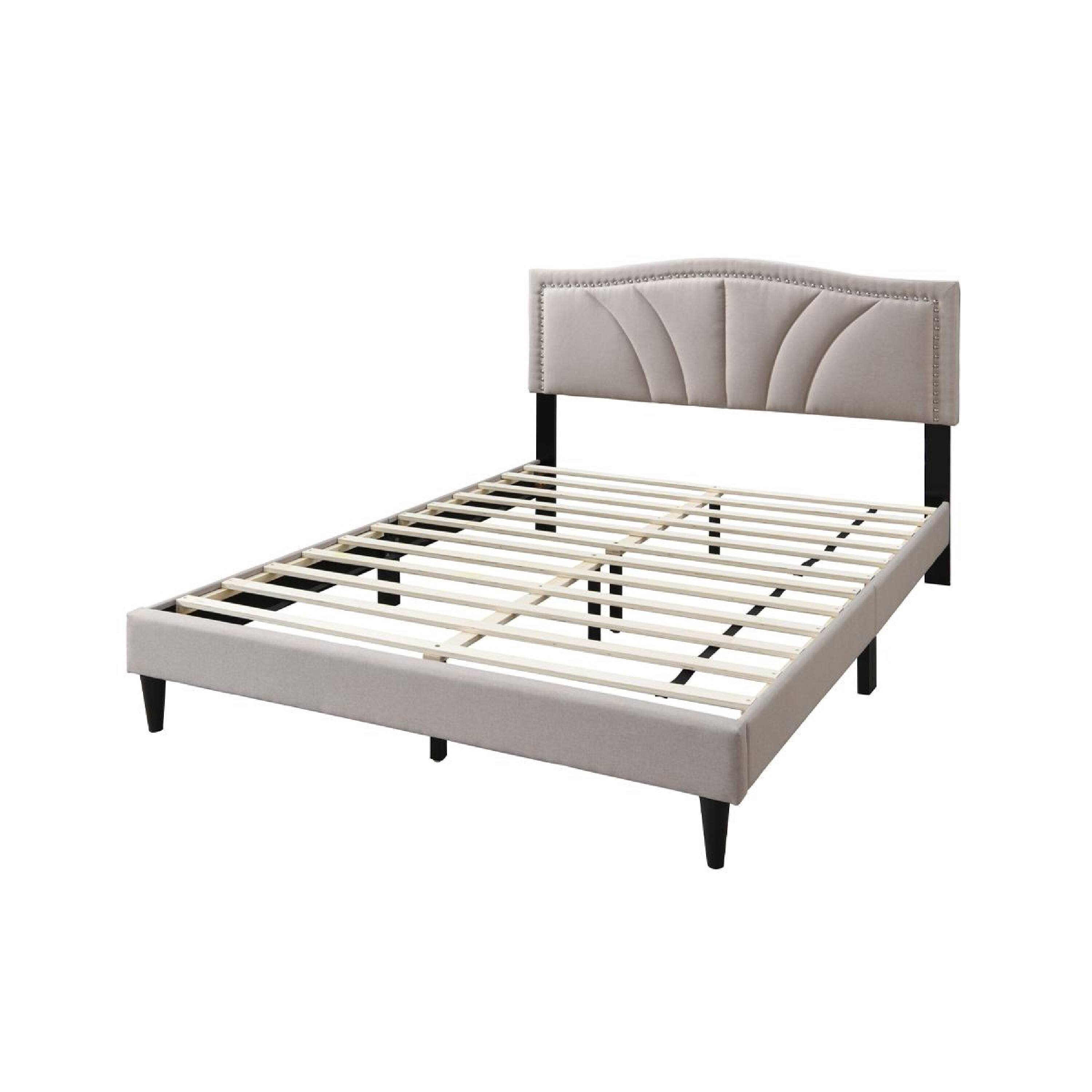 Alt View 1. Manhattan Lane - Reo Queen Size Bed, Light Brown Burlap Upholstered Curved Headboard - Light Brown, Black.