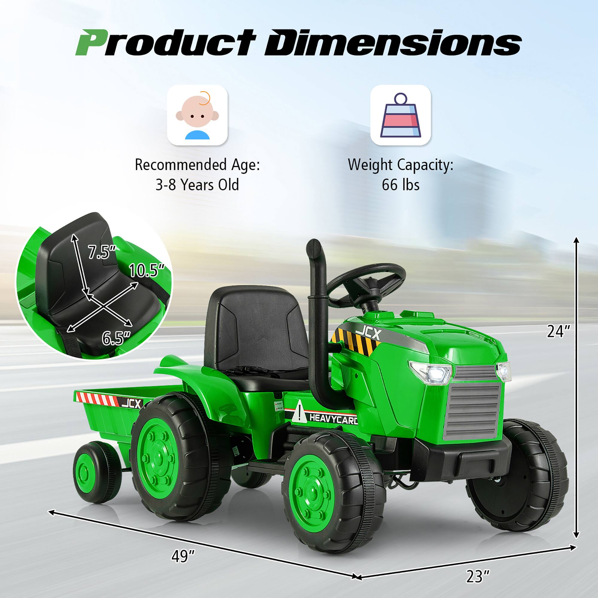 Product Dimensions

Recommended Age: 3-8 Years Old

Weight Capacity: 66 lbs

Dimensions:
- Seat: 7.5" x 10.5" x 6.5"
- Overall: 49" x 24" x 23"