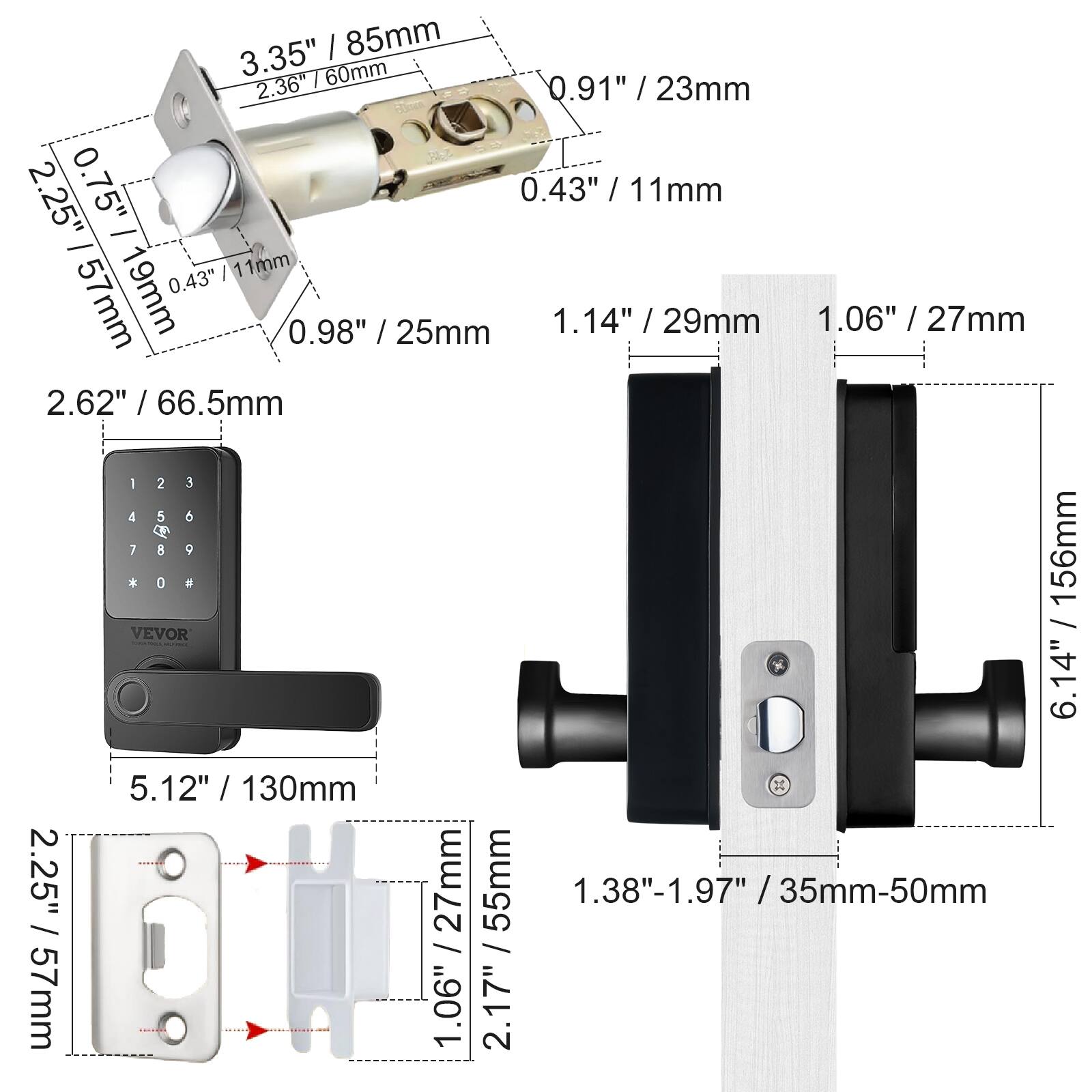 3.35" / 85mm, 2.36" / 60mm, 0.91" / 23mm, 2.25" / 57mm, 0.75", 0.43" / 11mm, 19mm, 0.98" / 25mm, 1.14" / 29mm, 1.06" / 27mm, 2.62" / 66.5mm, 6.14" / 156mm, 5.12" / 130mm, 2.25" / 57mm, 1.38"-1.97" / 35mm-50mm, 1.06", 2.17"