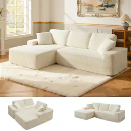 Meqiodas - Boneless Couch for Living Room, Modular Sectional Sofa with Ottoman, Convertible L Shaped Couch, No Assembly Required - White