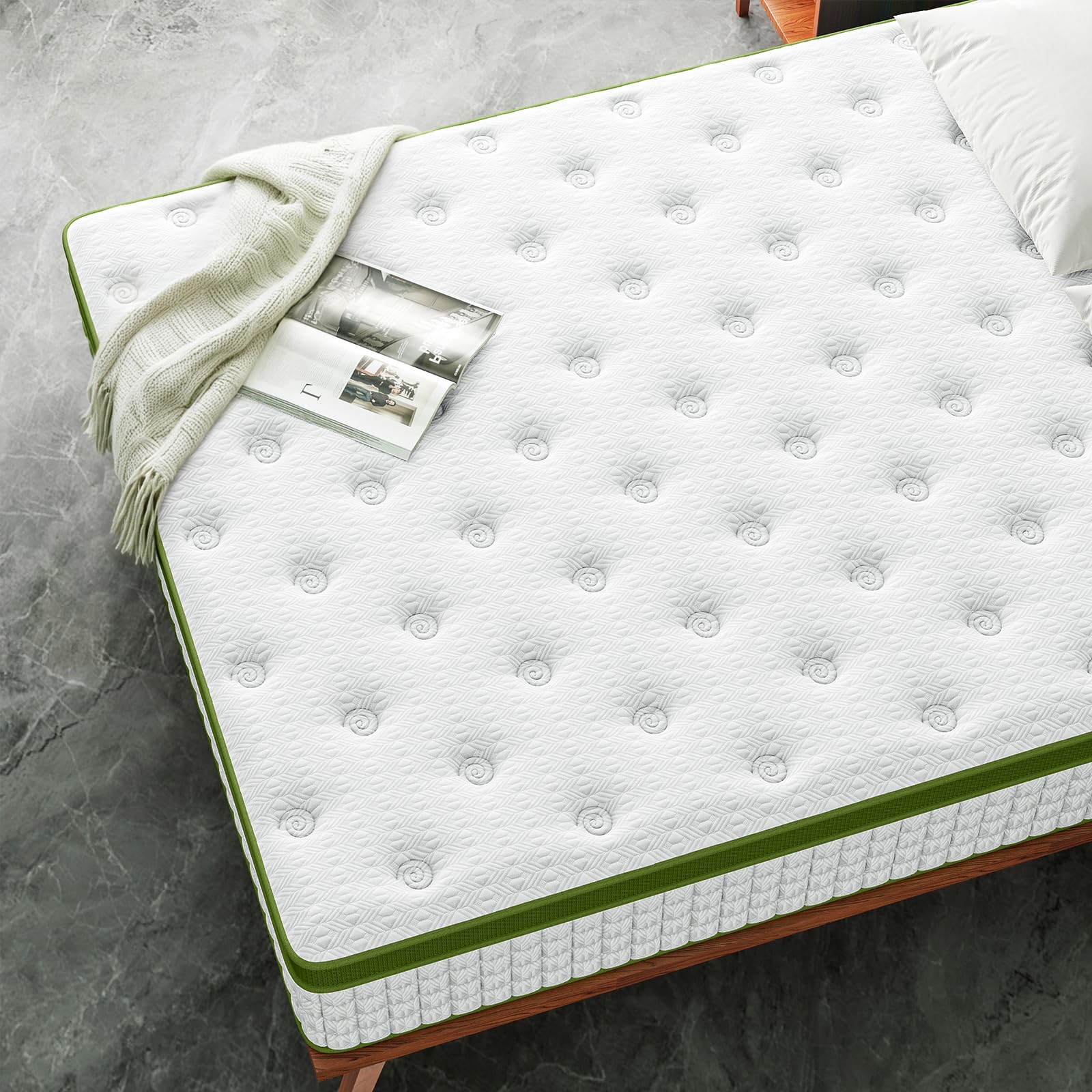 Left. Chery Life - 12 in. Queen Size Mattress Memory Foam with Pocket Springs for Pressure Relief - Green.