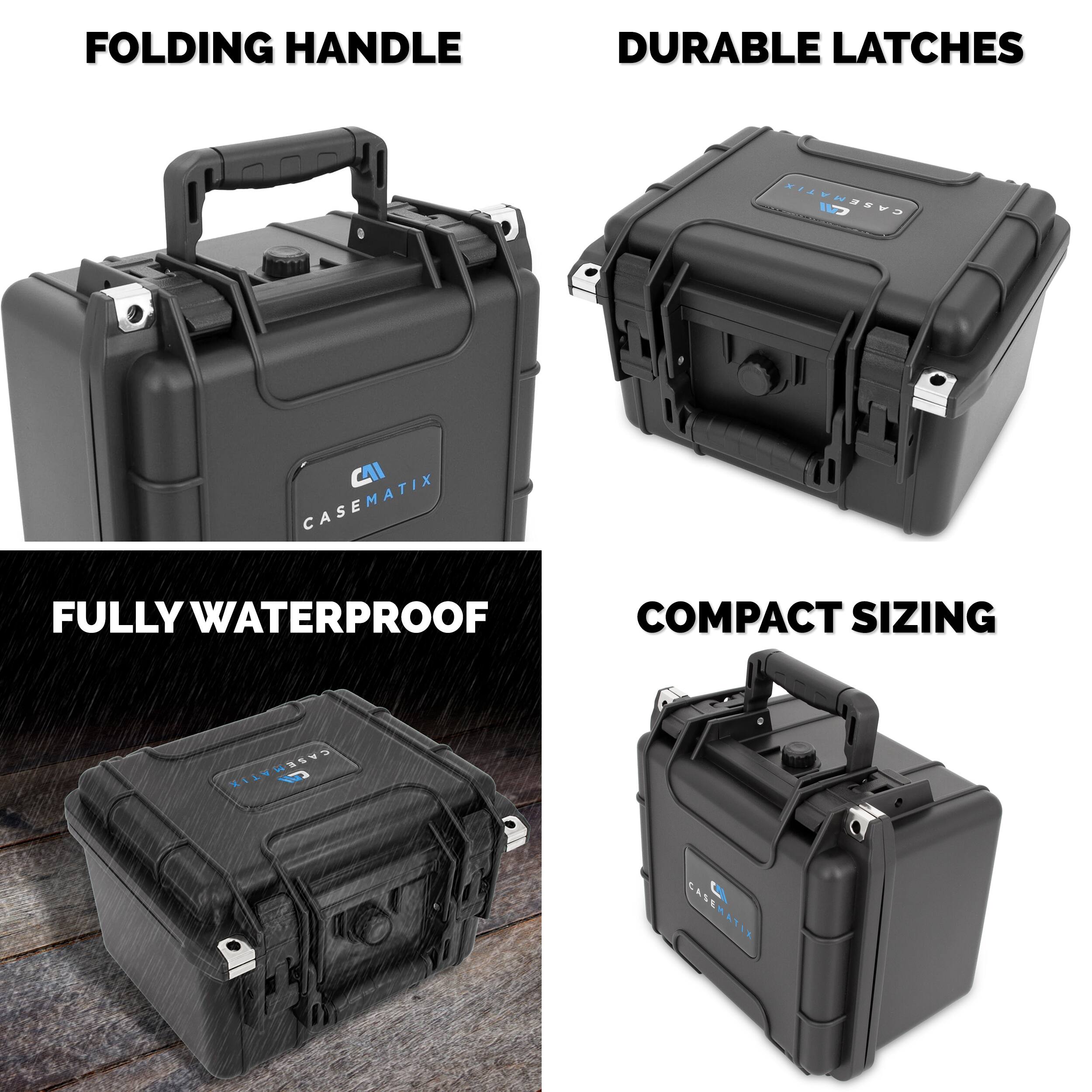 FOLDING HANDLE  
DURABLE LATCHES  
FULLY WATERPROOF  
COMPACT SIZING  

CASEMATIX