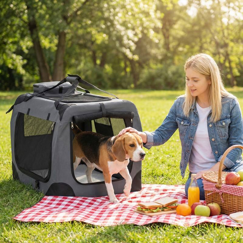 Alt View 5. WELLFOR - 28" Portable Collapsible Dog Crate with Mesh Windows and 3 Doors,  Travel Pet Crate for Indoor Outdoor - Gray.
