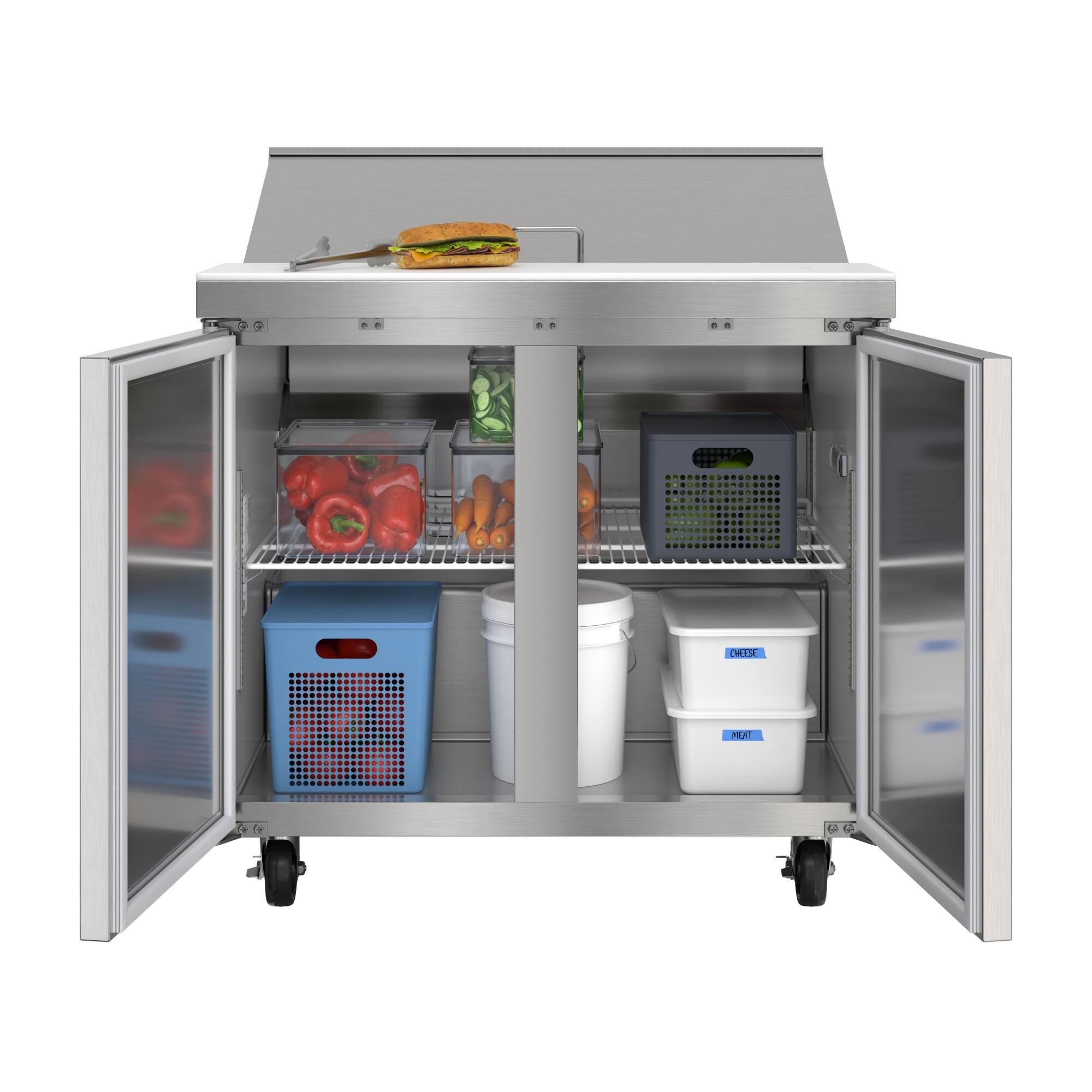 Angle. Koolmore - 36 in. Commercial 2-Door Refrigerated Salad and Sandwich Prep Table, 10 Pan Capacity and 11 Cu. Ft. of Storage - Stainless steel.