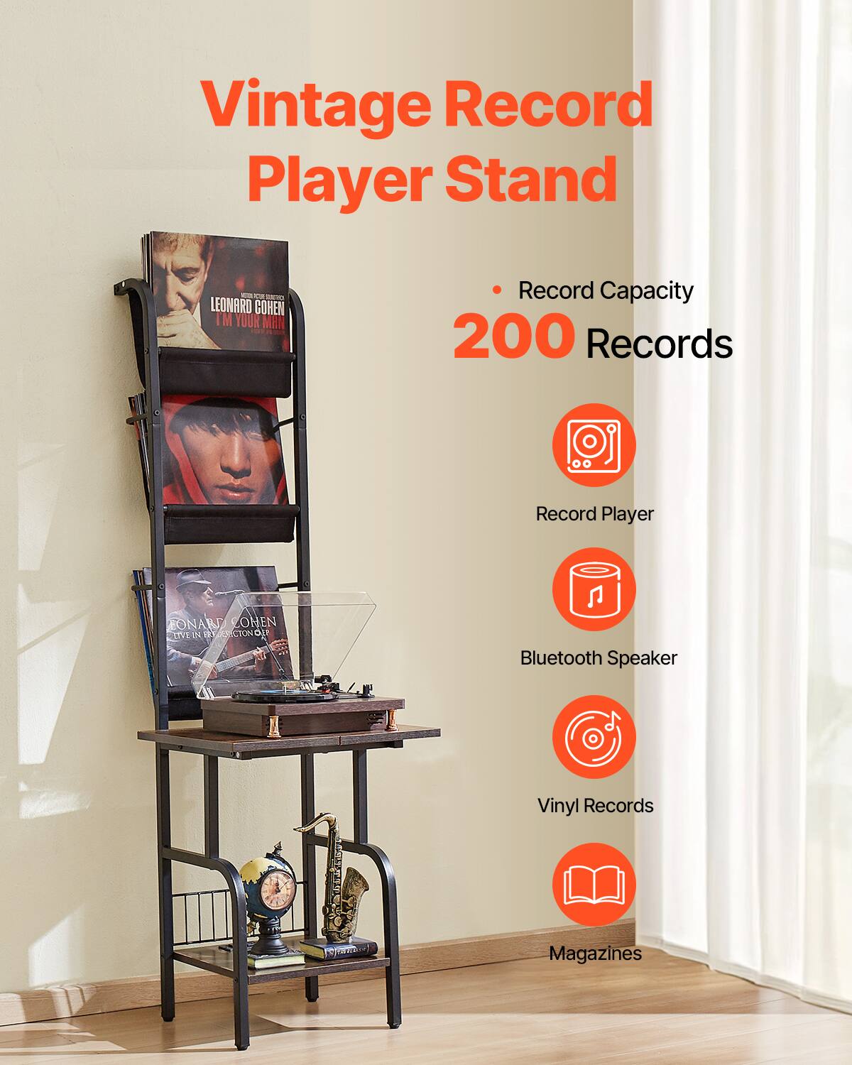 Vintage Record Player Stand

- Record Capacity
  - 200 Records

- Record Player
- Bluetooth Speaker
- Vinyl Records
- Magazines