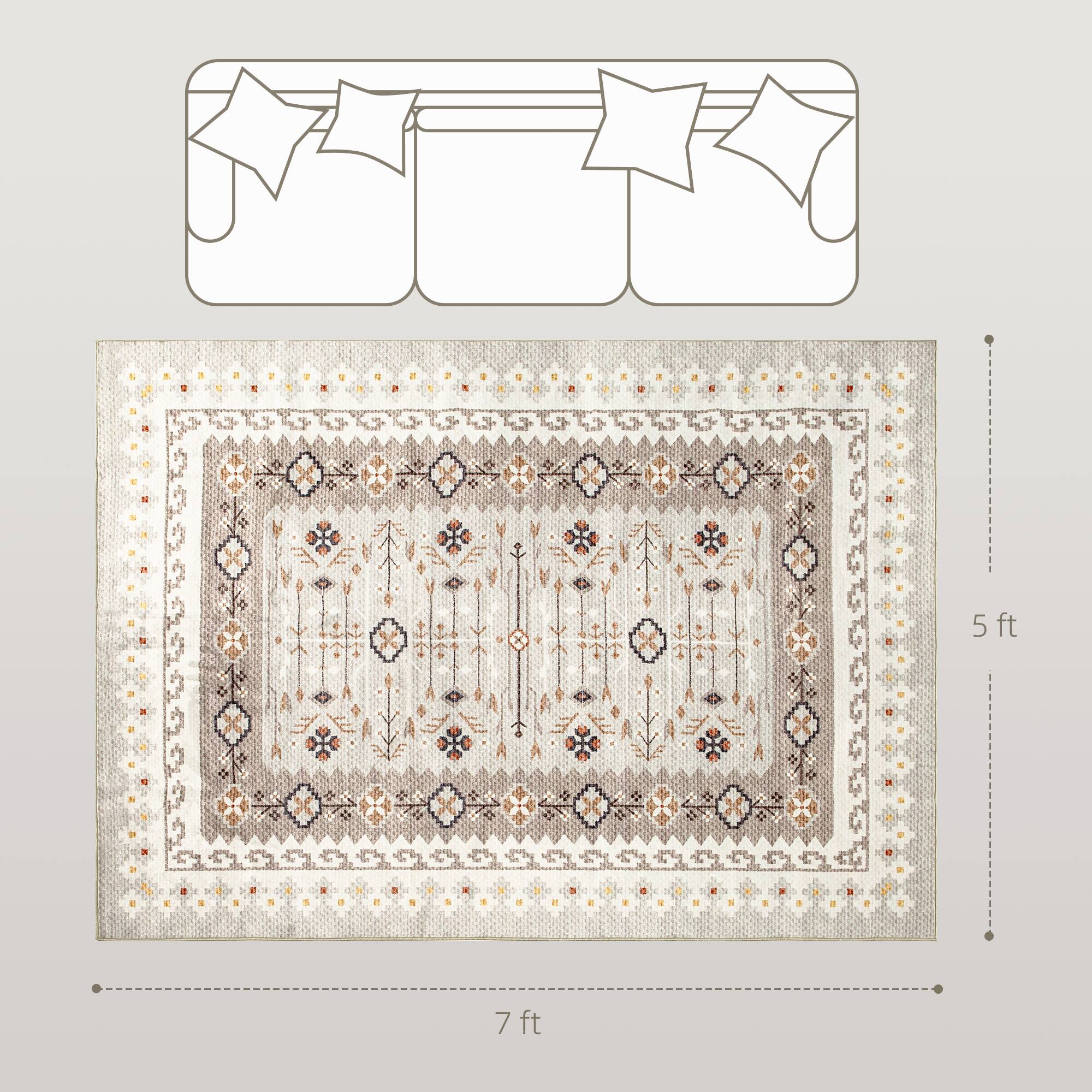 Alt View 2. Homcom - Area Rug 5x7, Machine Washable Non-Slip Boho Floral Print Floor Cover - Brown.