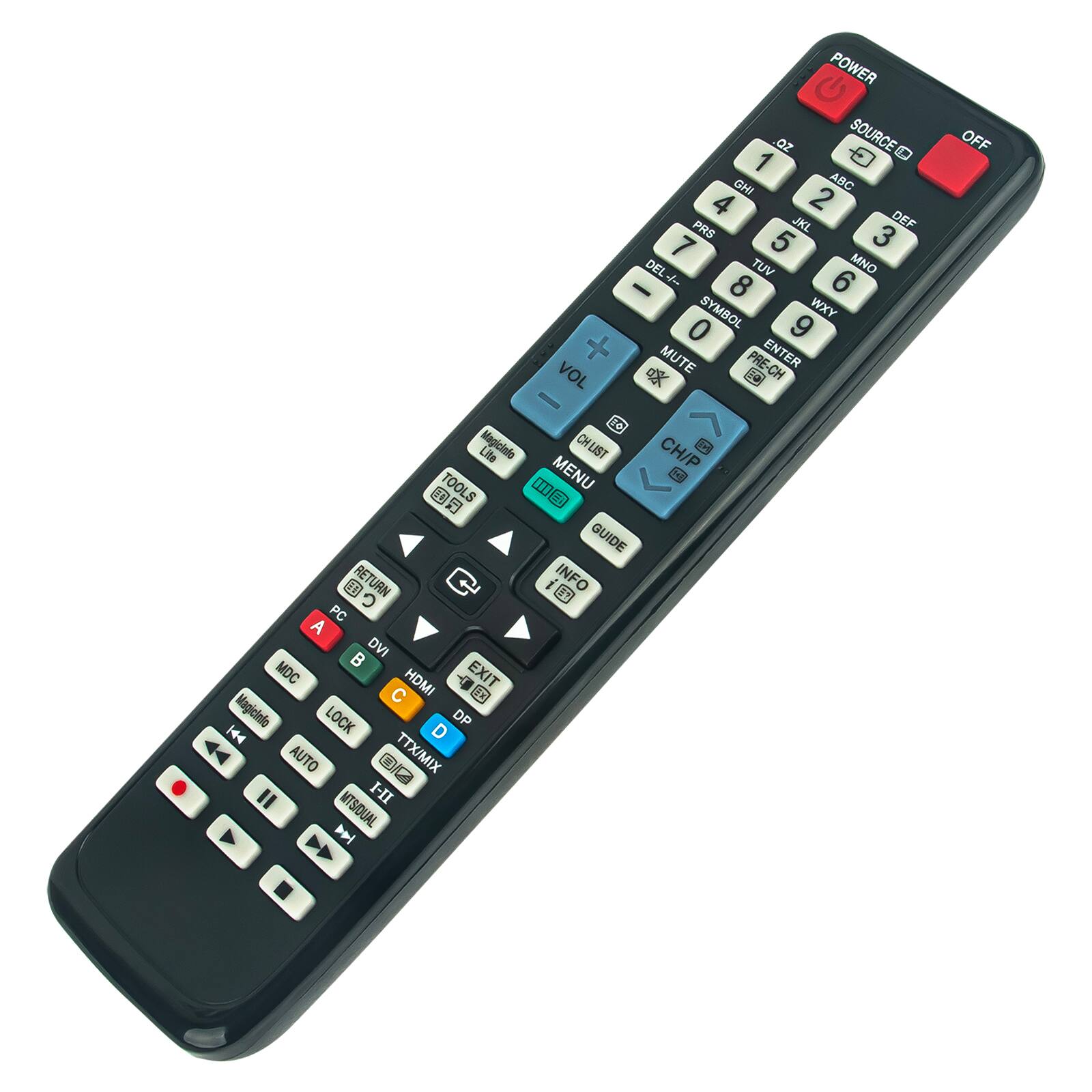 VOL POWER 1 .Oz  SOURCE CHI ABC 4 2 PRS JKL DEF 7 5 3 DEL TUV MNO + 8 6 - SYMBOL WXY 0 9 MUTE PRE- ENTER Te CH OFF DO Lite Magicinio CHLIST TOOLS MENU  a S  GUIDE  RETURN i  INFO  PC A DVI  MDC HDMI EXIT C FD Magicinto LOCK DP 144 D AUTO TTX/MIX " HI MTSCUAL  CH/P TF