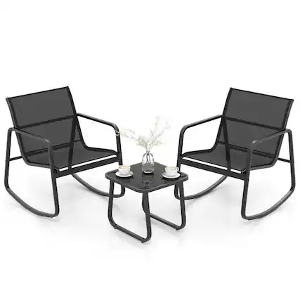 Front. Kadyn - 2 Rocking Bistro Chairs and Glass-Top Table , Small Patio Conversation Furniture Set - Black.