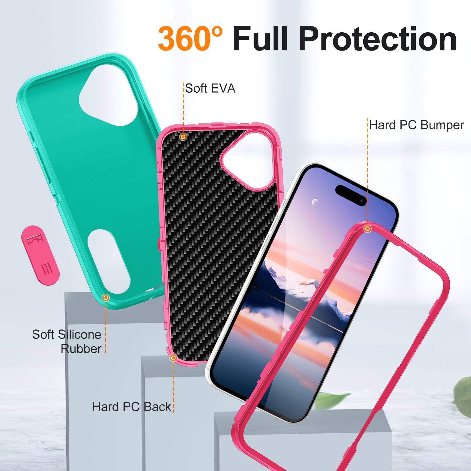 360° Full Protection

- Soft EVA
- Hard PC Bumper
- Soft Silicone Rubber
- Hard PC Back