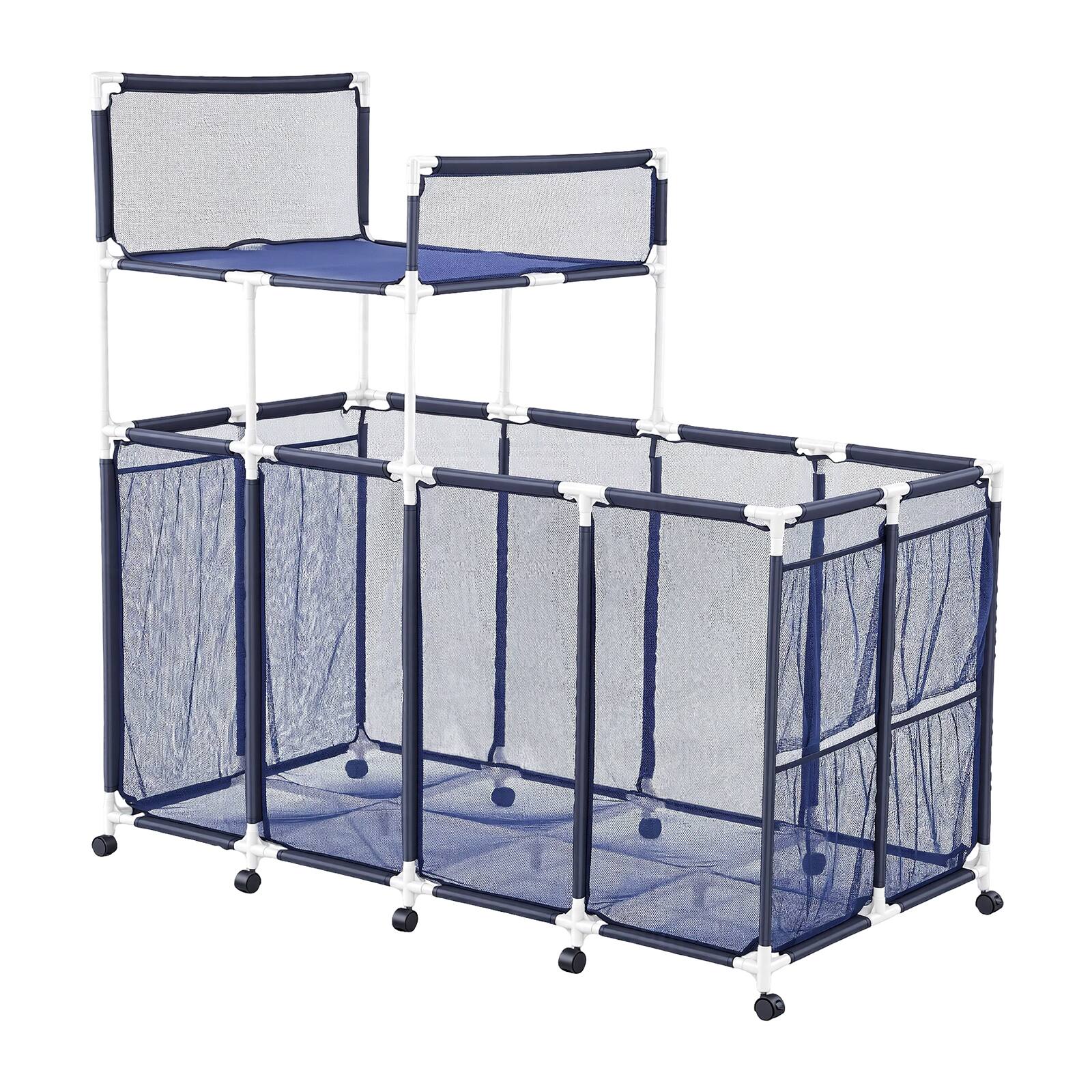 Alt View 5. VEVOR - Pool Storage Bin, 64.96 x 33.46 x 64.96 in, Rolling Pool Float Storage Organizer with Side Pockets & Noodles Holder Rack - White Frame, White Connectors & Blue Mesh Fabric.