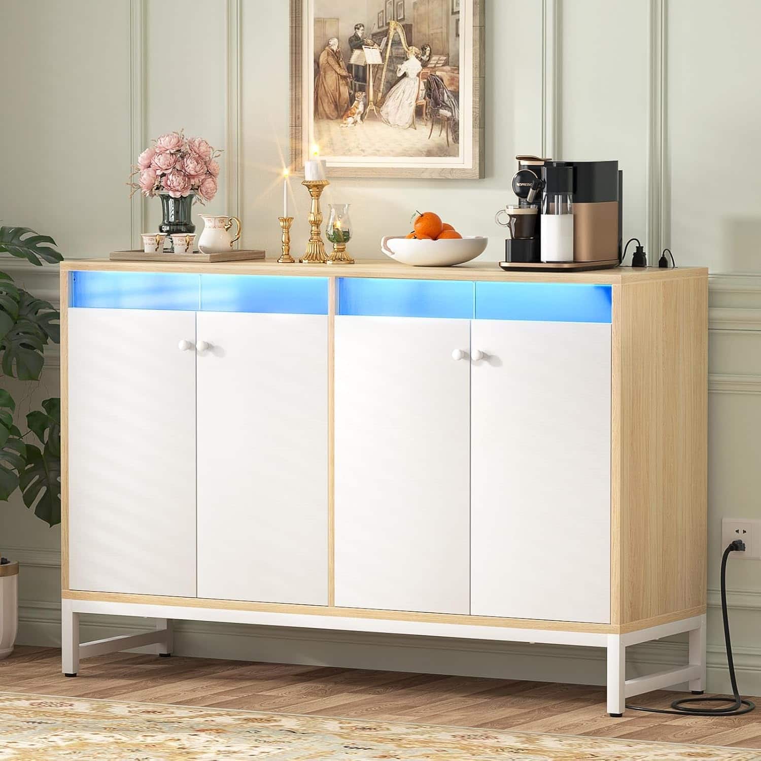 Aheaplus - Sideboard Buffet Cabinet with Power Outlet and LED Light, 4 Doors Storage Cabinet for Dining/Kitchen - Nature & White