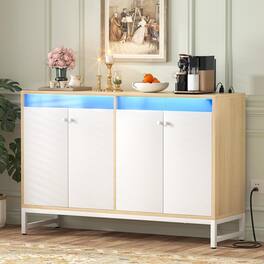 Aheaplus - Sideboard Buffet Cabinet with Power Outlet and LED Light, 4 Doors Storage Cabinet for Dining/Kitchen - Nature & White