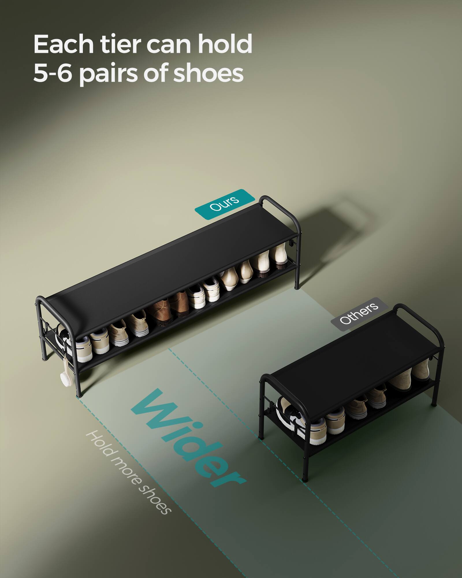 Each tier can hold 5-6 pairs of shoes.  
Ours  
Wider  
Hold more shoes  
Others