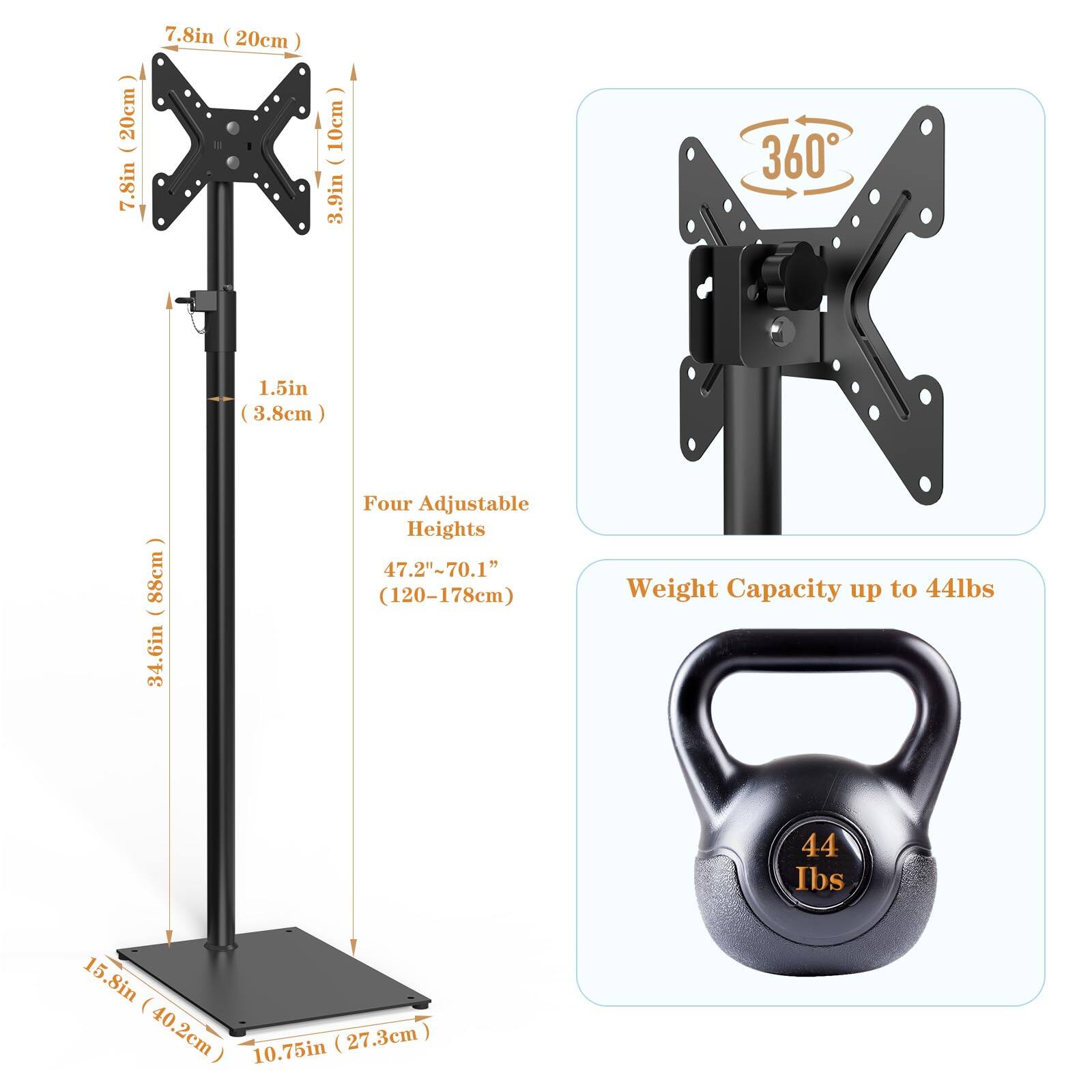 - 7.8in (20cm)
- 7.8in (20cm)
- 3.9in (10cm)
- 1.5in (3.8cm)
- 360°
- Four Adjustable Heights: 47.2"~70.1" (120-178cm)
- Weight Capacity up to 44lbs
- 15.8in (40.2cm)
- 10.75in (27.3cm)