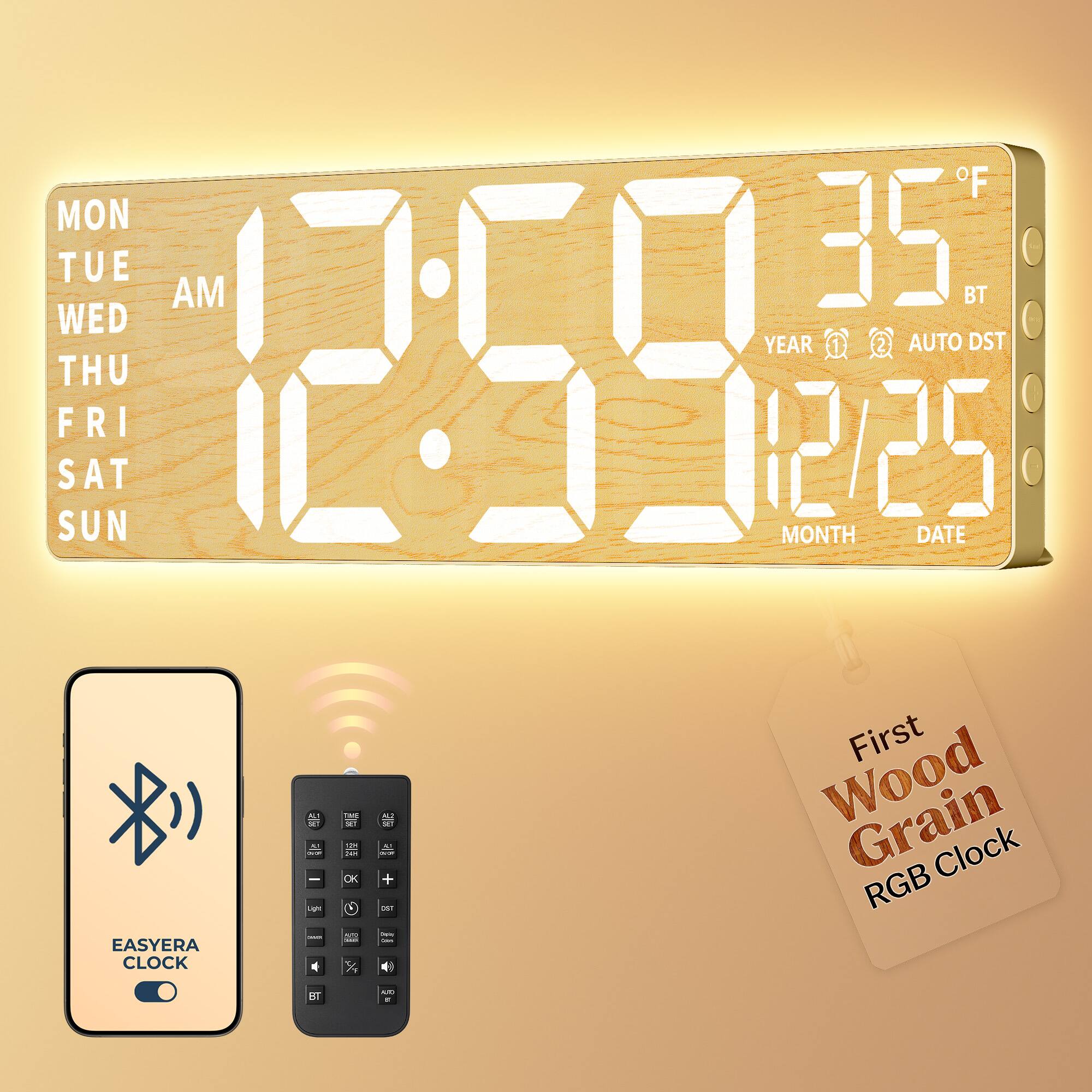 F MON TUE AM 000 35 BT WED YEAR @ 2 AUTO DST THU FRI SAT SUN 295CC.31 MONTH DATE Wood First A TME - THE -  SI OK x 14H ION WW 32 + 4/ Grain RGB Clock Light b OST am Daily mon van EASYERA CLOCK

BT
AURO