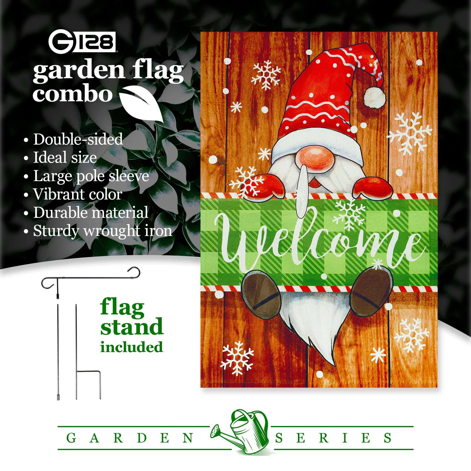 GI28 garden flag combo  
- Double-sided  
- Ideal size  
- Large pole sleeve  
- Vibrant color  
- Durable material  
- Sturdy wrought iron  
- Welcome flag stand included  

GARDEN SERIES