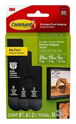 3M Command Damage-Free Hanging
Cuelga sin dañar
Big Pack
Paquete Familiar
X-Large • Large • Medium
Picture Hanging Strips
Tiras extragrandes, grandes, medianas para colgar cuadros
20 lb | 15 lb | 5 lb
9 kg | 7 kg | 2.5 kg
Clicks Together
Se ensamblan
UP TO
24" x 36"
61 cm x 91 cm
8 X-Large Pairs
6 Large Pairs
2 Medium Pairs
CONT. 8 6 2
TOTAL: 16 PARES
Pairs / Pares