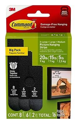 3M Command Damage-Free Hanging  
Cuelga sin dañar  

Big Pack  
Paquete Familiar  

X-Large • Large • Medium  
Picture Hanging Strips  
Tiras extragrandes, grandes, medianas para colgar cuadros  

20 lb | 15 lb | 5 lb  
9 kg | 7 kg | 2.5 kg  

Clicks Together  
Se ensamblan  

UP TO  
24" x 36"  
61 cm x 91 cm  

8 X-Large Pairs  
6 Large Pairs  
2 Medium Pairs  

CONT. 8 6 2  
TOTAL: 16 PARES  

Pairs / Pares