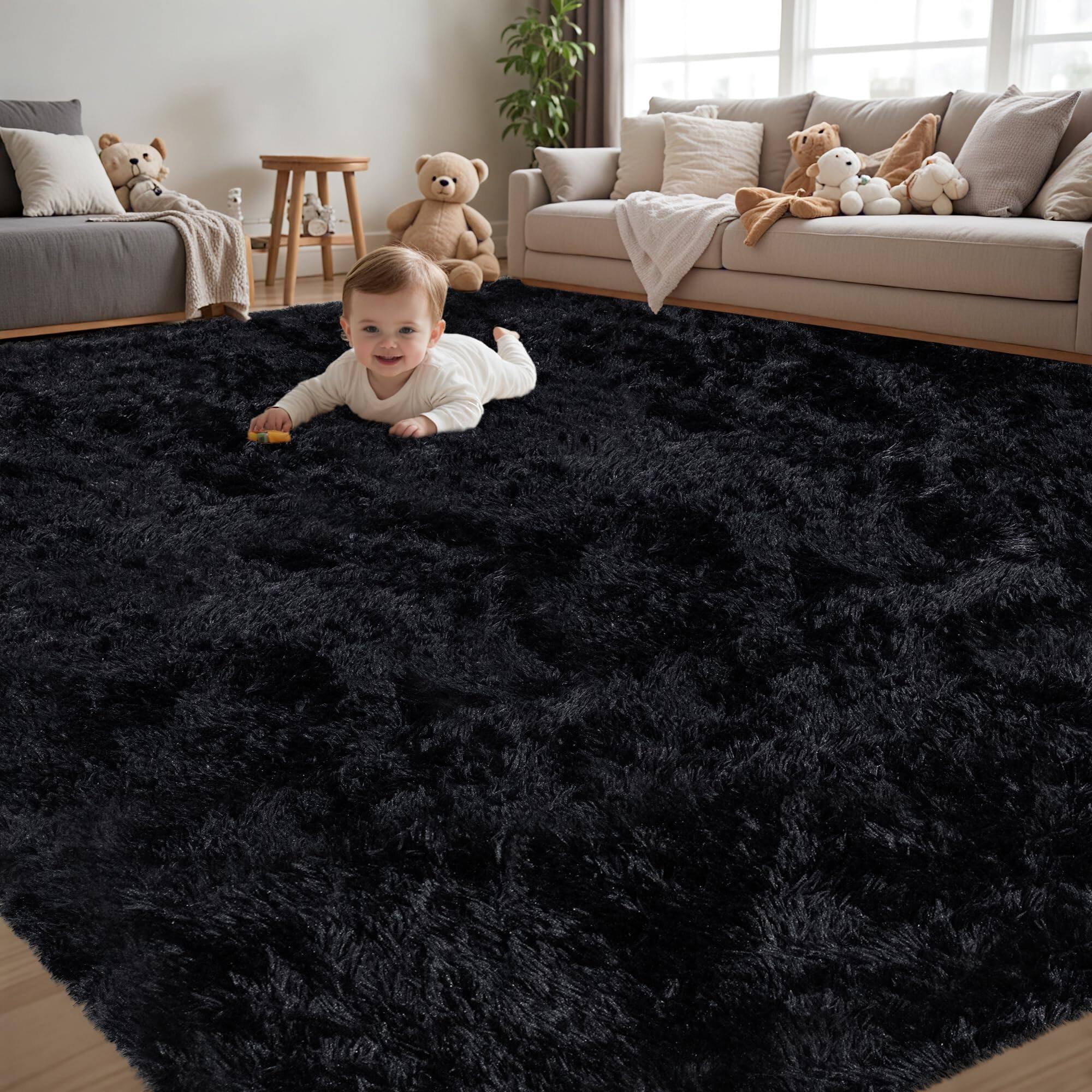 Front. Stylel Star - 8x10 Area Rug Living Room Ultra Soft Fluffy Shag Black Rugs Large Fuzzy Plush Indoor Non Slip Carpet Washable Bedroom - Black.