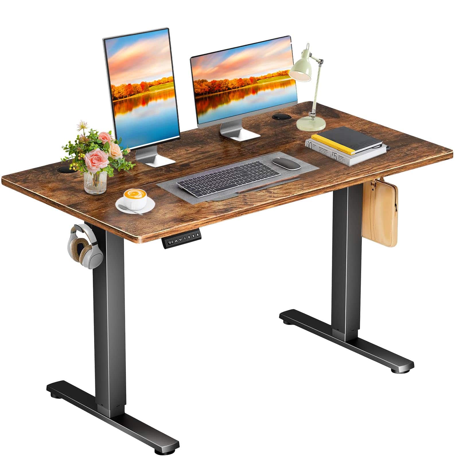 Hirose Alice - DUMOS Electric Standing Desk, Height Adjustable Sit Stand Desk with LED Display, Memory Presets, Hooks & Ca - Rustic Brown 47.2-Inch