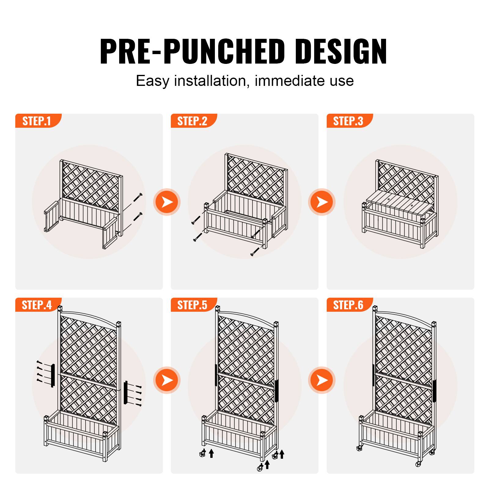 PRE-PUNCHED DESIGN, Easy installation, immediate use, STEP.1, STEP.2, STEP.3, STEP.4, STEP.5, STEP.6