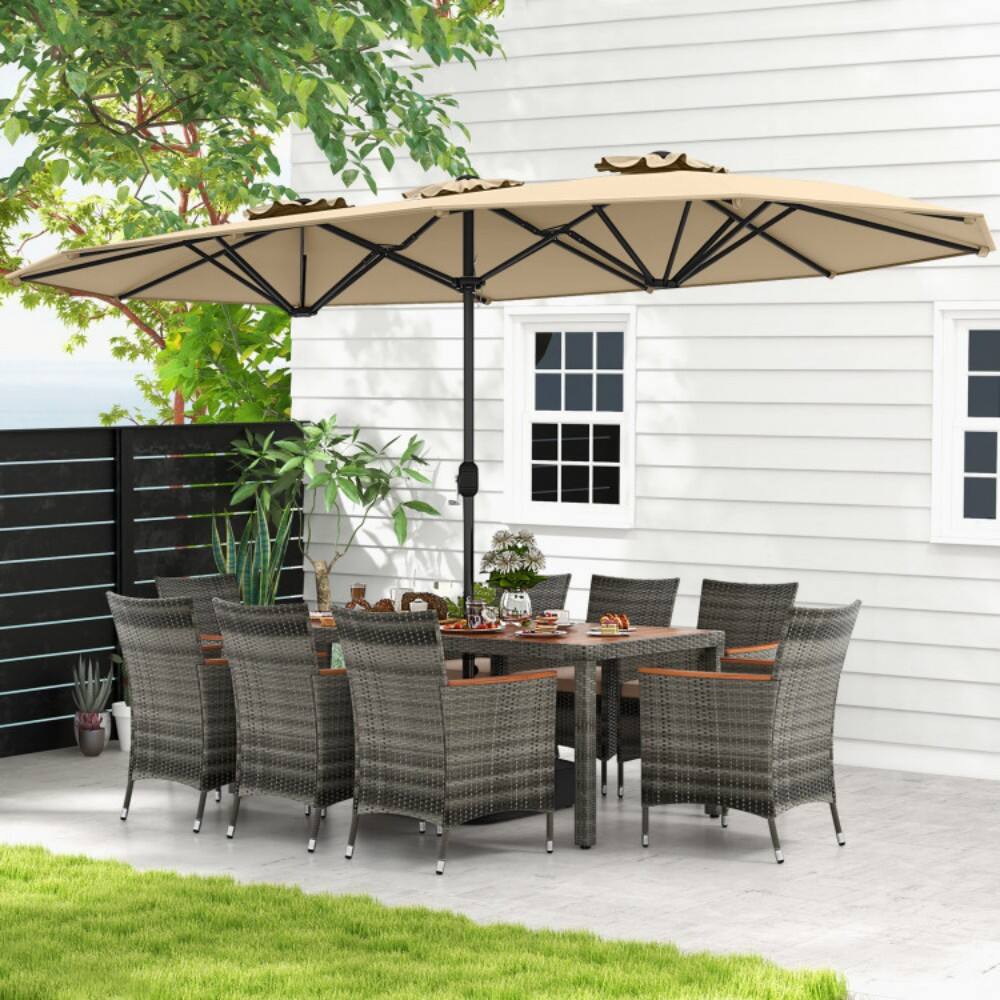 Alt View 5. Mondawe - 10 Pieces Patio Wicker Dining Set with 15 Feet Double-Sided Patio Umbrella - Beige.