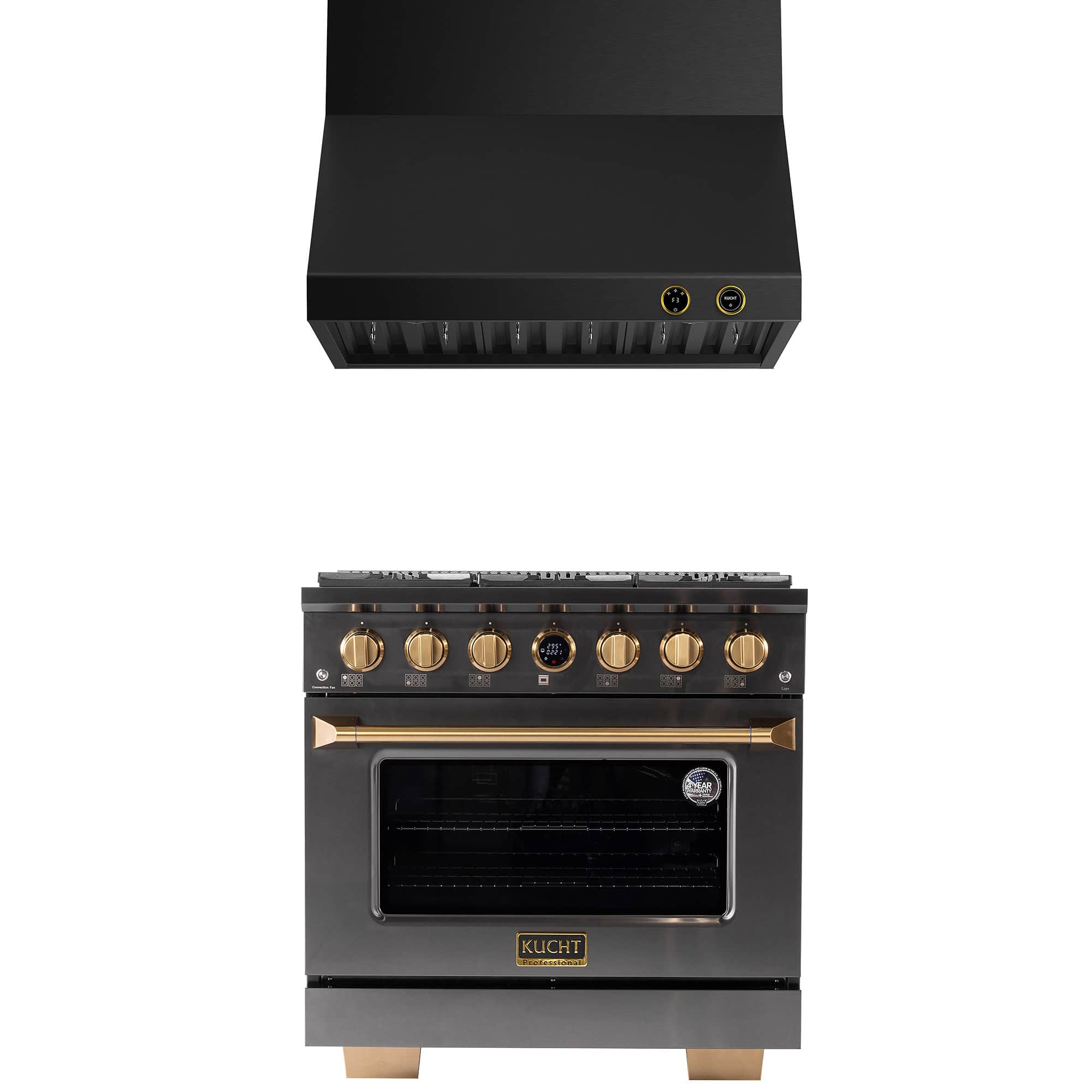 Kucht - 36 in. 5.2 cu. ft. 6 Burners Dual Fuel Range for Natural Gas in Titanium Stainless Steel + Wall Mount Range Hood - Gemstone with Gold accents