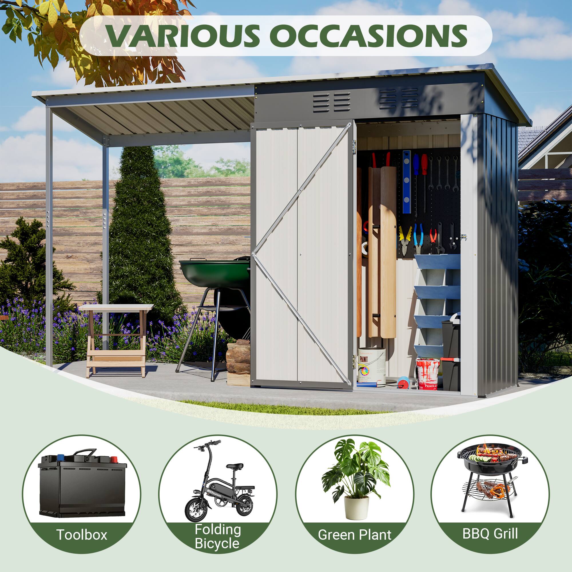 VARIOUS OCCASIONS

Toolbox  
Folding Bicycle  
Green Plant  
BBQ Grill