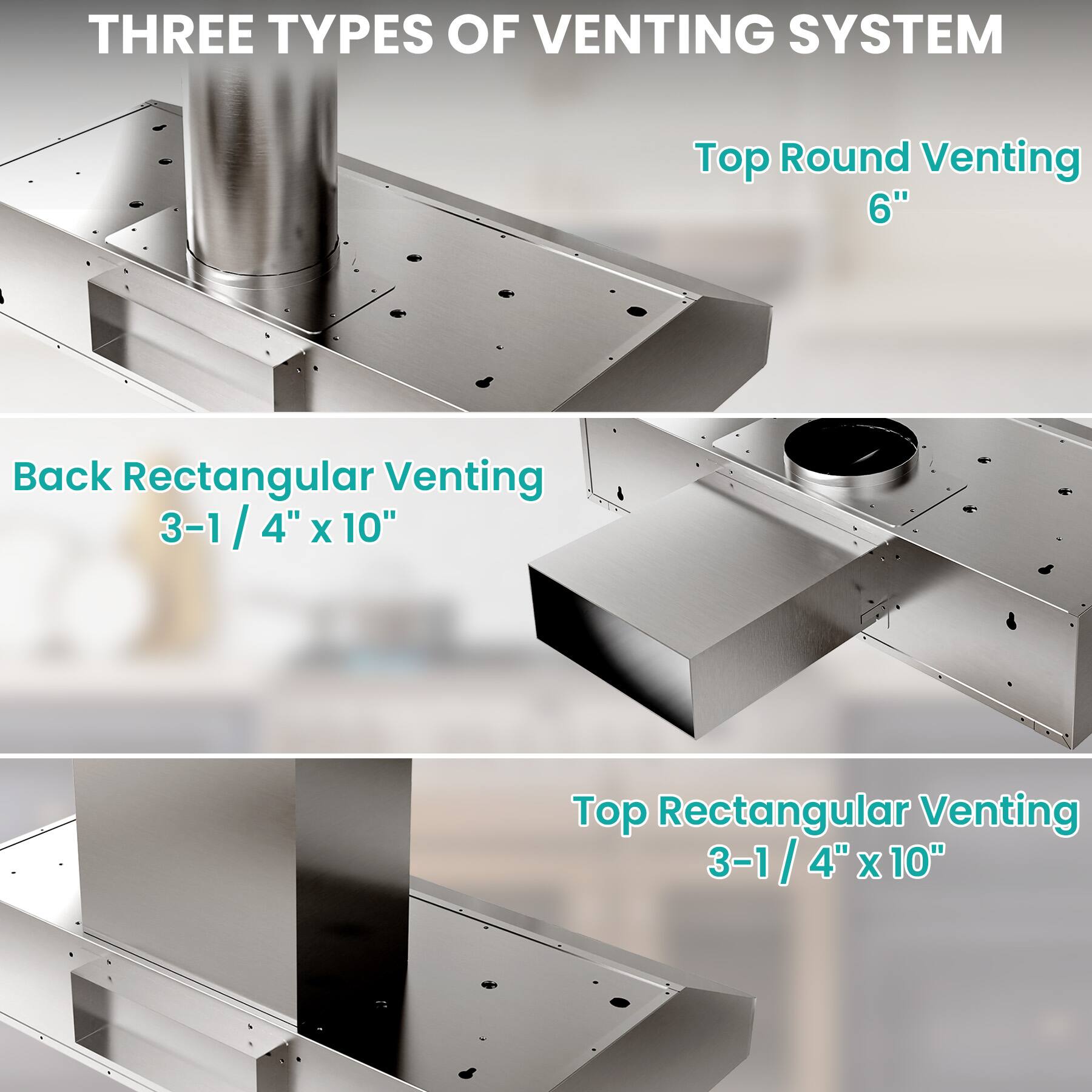 THREE TYPES OF VENTING SYSTEM

Top Round Venting  
6"

Back Rectangular Venting  
3-1/4" x 10"

Top Rectangular Venting  
3-1/4" x 10"
