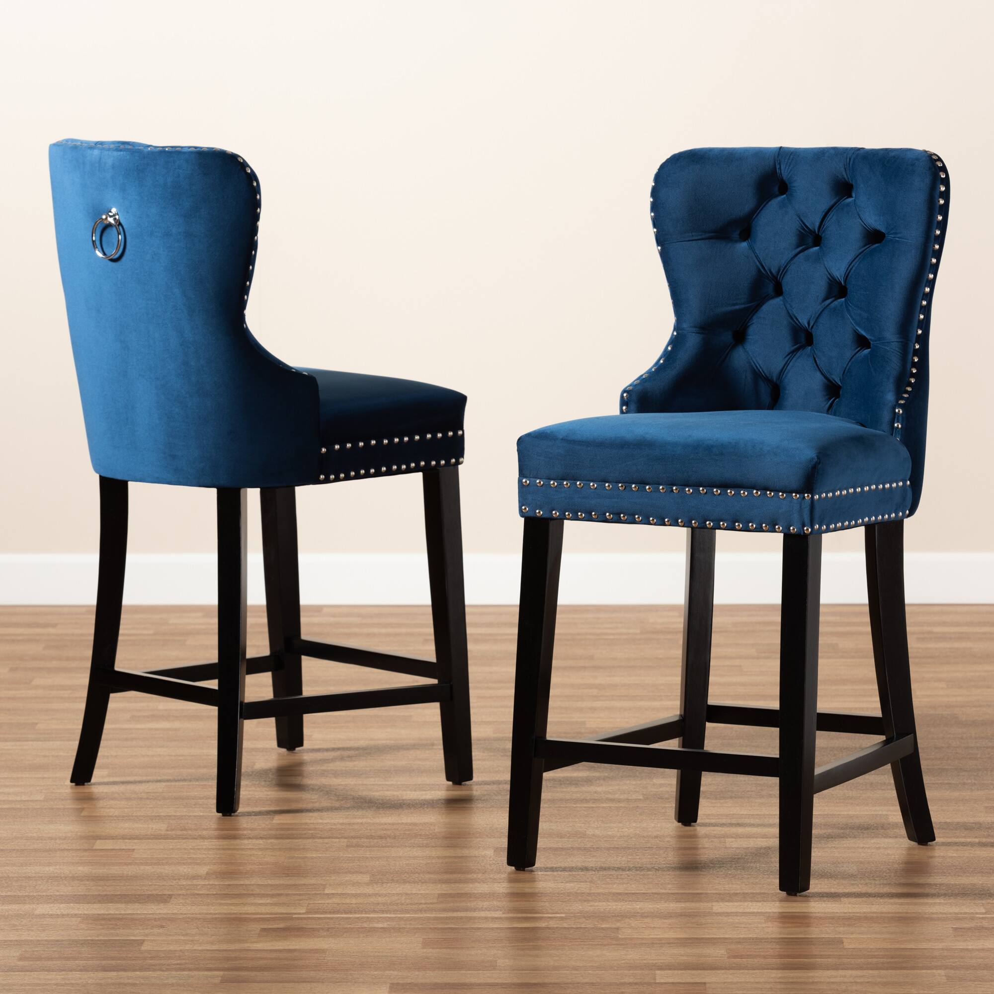 Alt View 4. Baxton Studio - Howell Modern Transitional Velvet Upholstered and Finished Wood 2-Piece Counter Stool Set - Navy blue/espresso brown.