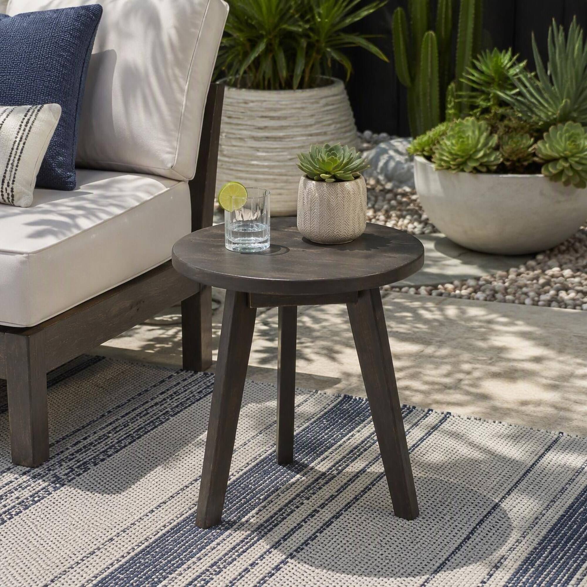 Left. RYHNUYNE - Rustic Dark Grey Round Outdoor End Table,3-Leg Wood Side Table for Patio Garden Balcony - Gray.